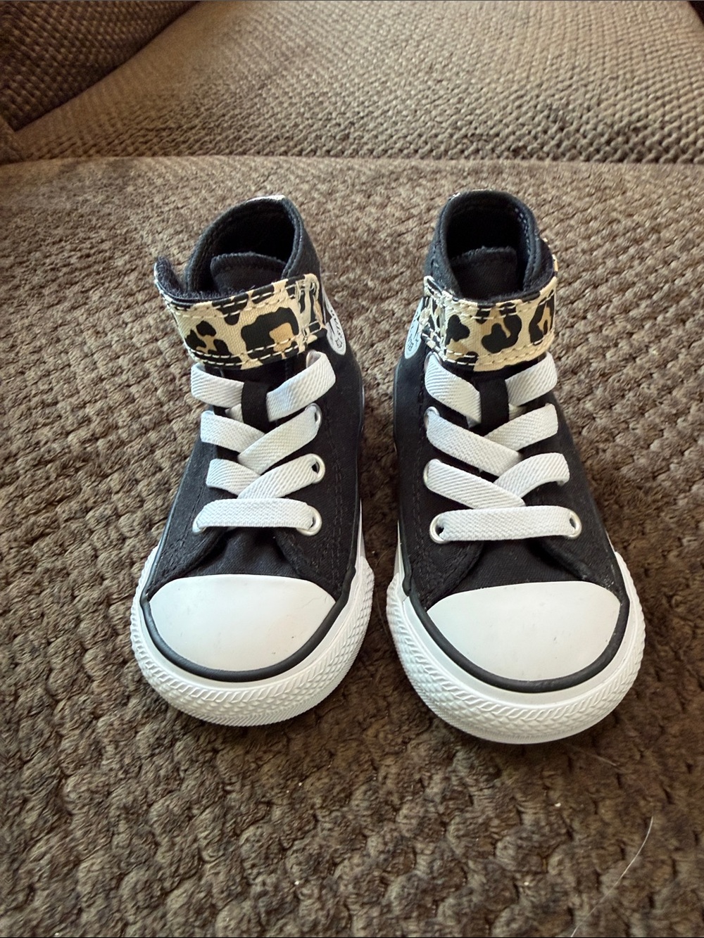 Kids Black High-Top Sneakers with Leopard Accent Strap